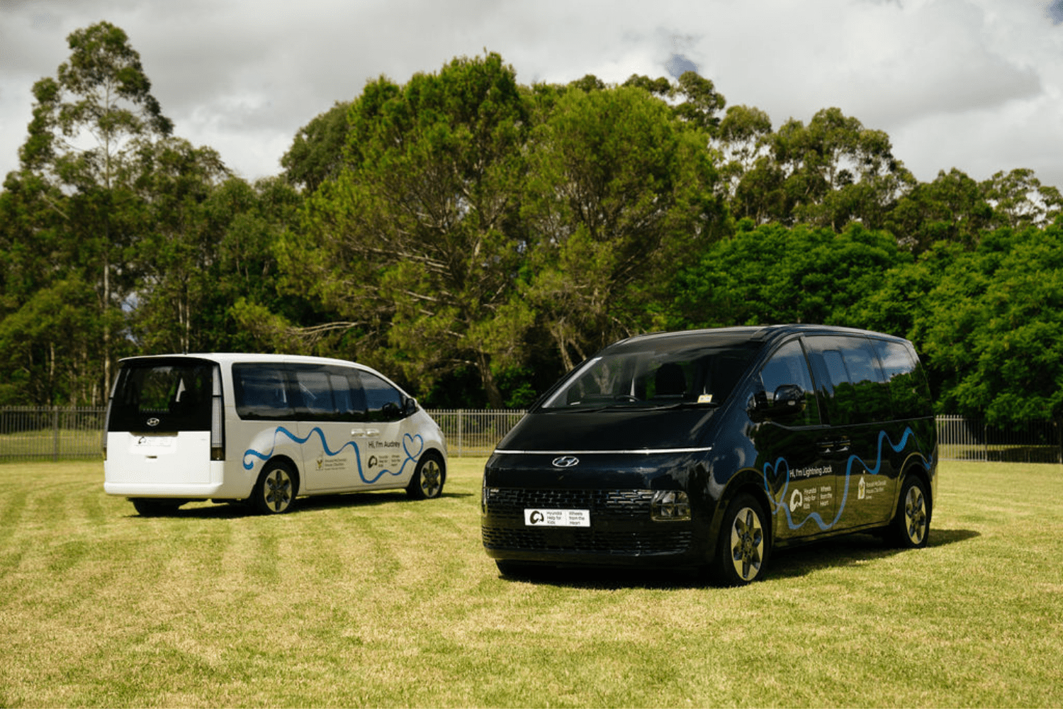 Two Hyundai vans parked in a field